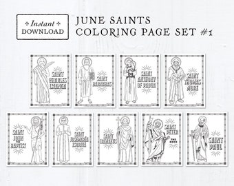 Catholic Coloring Pages - June Saints Set #1 - Bundle of 9 - Catholic Saints - Printable Coloring Pages - Digital - PDF Download