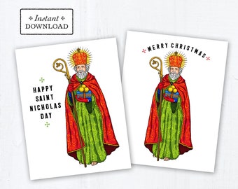 Saint Nicholas Day Card, Merry Christmas Card, Instant Download, DIY Downloadable PDF - A2 4.25”x5.5" Saint Card Catholic Christmas Card