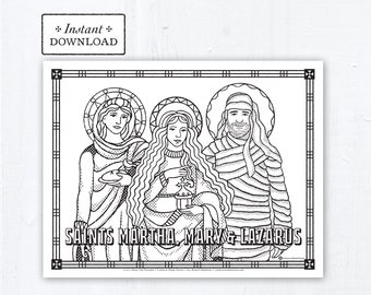 Saints Martha, Mary & Lazarus Coloring Page, Saints, Printable Coloring Page, Digital, PDF Catholic Saint Coloring Page