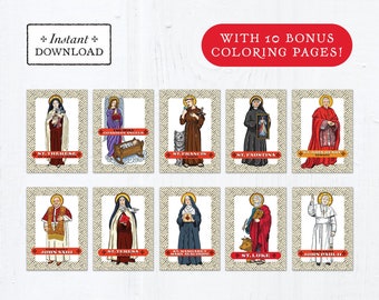 Catholic Saint Trading Cards October Set #1 - Printable - PLUS Bonus Coloring Pages! DIY Downloadable PDF - 8.5x11 - 10 Total Saint Cards