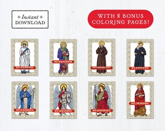 Catholic Saint Trading Cards September Set #1 - Printable - PLUS Bonus Coloring Pages! DIY Downloadable PDF - 8.5x11 - 8 Total Saint Cards