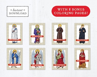 Catholic Saint Trading Cards September Set #1 - Printable - PLUS Bonus Coloring Pages! DIY Downloadable PDF - 8.5x11 - 8 Total Saint Cards