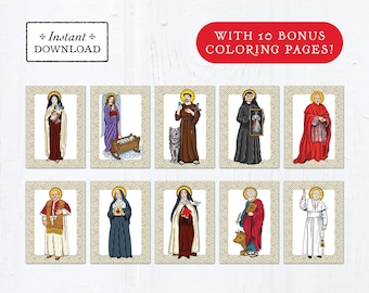 Catholic Saint Flash Cards October Set #1 - Printable - PLUS Bonus Coloring Pages! DIY Downloadable PDF - 8.5x11 - 10 Total Saint Cards