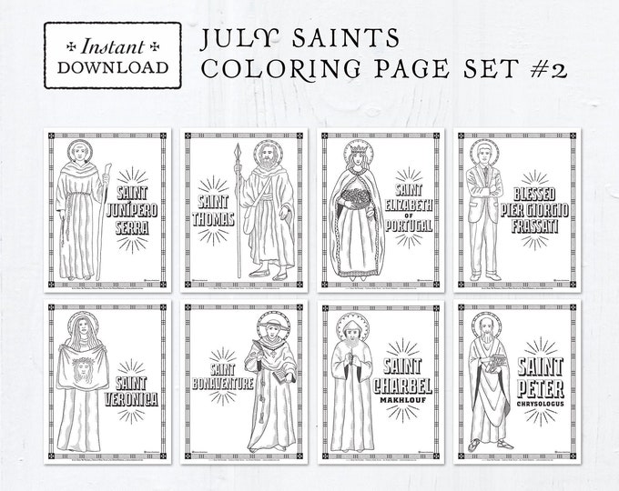 Catholic Coloring Pages - July Saints Set #2 - Bundle of 8 - Catholic Saints - Printable Coloring Pages - Digital - PDF Download