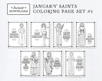 Catholic Coloring Pages - January Saints Set #1 - Bundle of 7 - Catholic Saints - Printable Coloring Pages - Digital - PDF Download