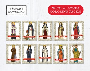 Catholic Saint Trading Cards August Set #1 - Printable - PLUS Bonus Coloring Pages! DIY Downloadable PDF - 8.5x11 - 10 Total Saint Cards