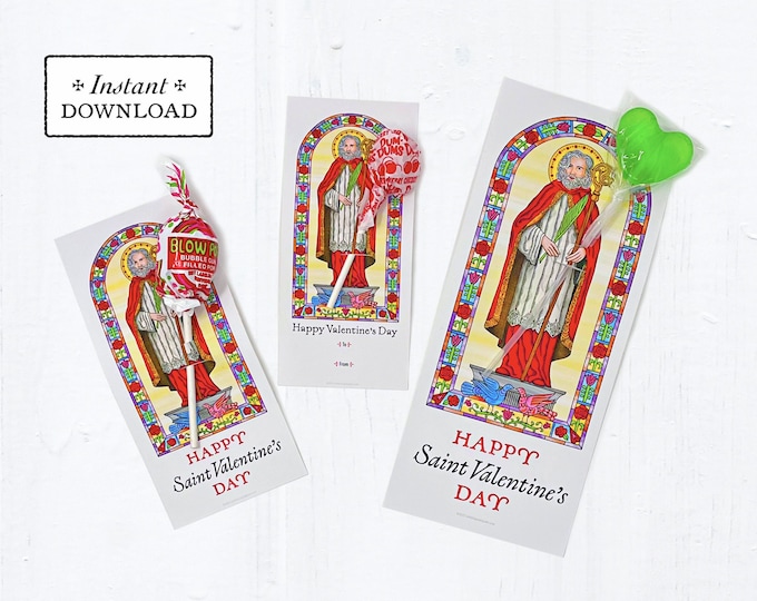 Featured listing image: St. Valentine Printable Candy Treat Cards, Instant Downloadable PDF, St. Valentine's Day Candy Holder Valentine Cards Lollipop Holder Cards