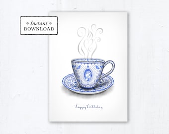 Marian Teacup Birthday Card - Art Print - Instant Download - DIY Downloadable PDF 5"x7" - Catholic Printable Birthday Card Catholic Birthday