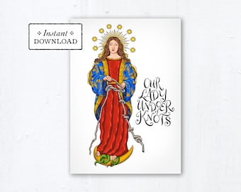 Our Lady Undoer of Knots Prayer Card, Greeting Card, Art Print - Instant Download - DIY Downloadable PDF 5"x7" Printable Marian Prayer Card