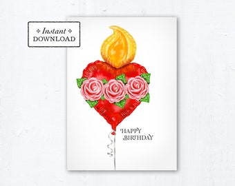 Immaculate Heart of Mary Balloon Catholic Birthday Card, Instant Download, Downloadable PDF 5"x7"  Printable Birthday Card Catholic Birthday