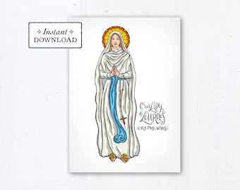 Our Lady of Lourdes Card - Art Print - Instant Download - DIY Downloadable PDF 5"x7" - Saint Card Saint Art Print Confirmation Gift