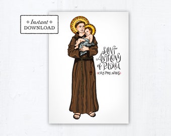 St. Anthony of Padua Card - Art Print - Instant Download - DIY Downloadable PDF 5"x7" Catholic Saint Printable Saint Art Confirmation Gift