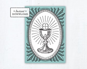 Catholic First Communion Card Ciborium Engraving Aqua - Instant Download - DIY Downloadable PDF 5"x7"