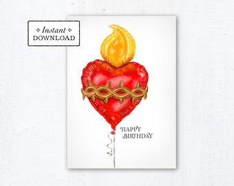 Sacred Heart of Jesus Balloon Catholic Birthday Card - Instant Download - Downloadable PDF 5"x7" - Printable Birthday Card Catholic Birthday