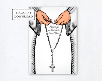 Nun Final Vows Card Praying Rosary White Habit - Instant Download - DIY Downloadable PDF 5"x7" Catholic Sister Printable Card Final Vows