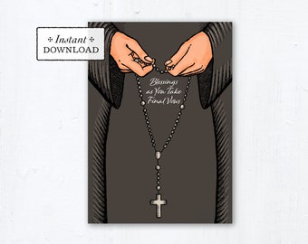 Nun Final Vows Card Praying Rosary Black Habit - Instant Download - DIY Downloadable PDF 5"x7" Catholic Sister Printable Card Final Vows