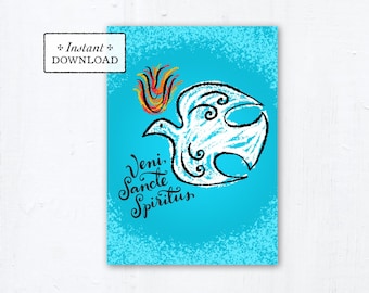 Catholic Confirmation Greeting Card Blue Dove - Veni Sancte Spiritus - Instant Download - DIY Downloadable PDF 5"x7" Come Holy Spirit