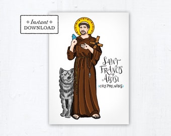 Saint Francis of Assisi Card - Art Print - Instant Download - DIY Downloadable PDF 5"x7" Catholic Printable St. Francis Prayer Card