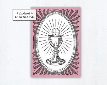 Catholic First Communion Card Ciborium Engraving Rose Pink - Instant Download - DIY Downloadable PDF 5"x7"