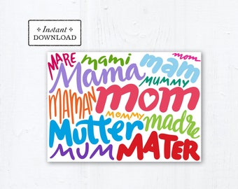 Mother's Day Card - Mom Languages - Art Print - Instant Download - DIY Downloadable PDF 5"x7" - Catholic Printable Card Mother's Day Card