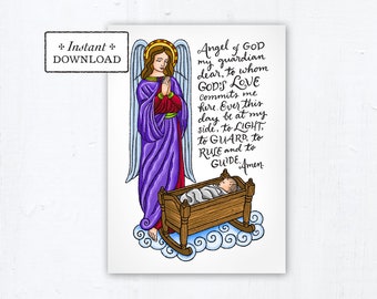 Guardian Angel Prayer - Art Print - Instant Download - DIY Downloadable PDF 5"x7" Catholic Printable Guardian Angel Prayer Gift