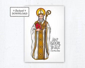 St. Isidore of Seville Card, Art Print - Instant Download - DIY Downloadable PDF 5"x7" Catholic Saint Printable Confirmation Gift St Isidore