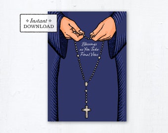 Nun Final Vows Card Praying Rosary Blue Habit - Instant Download - DIY Downloadable PDF 5"x7" Catholic Sister Printable Card Final Vows