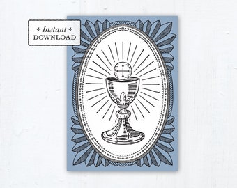 Catholic First Communion Card Ciborium Engraving Blue - Instant Download - DIY Downloadable PDF 5"x7"