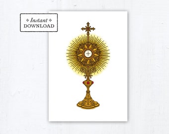 Monstrance Catholic First Holy Communion Card - Instant Download - DIY Downloadable PDF 5"x7" RCIA Card Holy Eucharist Corpus Christi