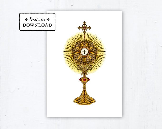 Featured listing image: Monstrance Catholic First Holy Communion Card - Instant Download - DIY Downloadable PDF 5"x7" RCIA Card Holy Eucharist Corpus Christi