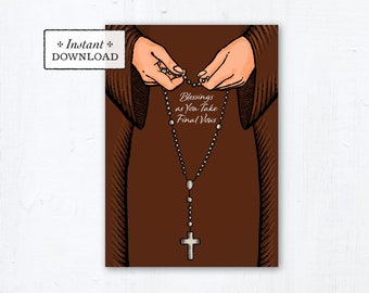 Nun Final Vows Card Praying Rosary Brown Habit - Instant Download - DIY Downloadable PDF 5"x7" Catholic Sister Printable Card Final Vows