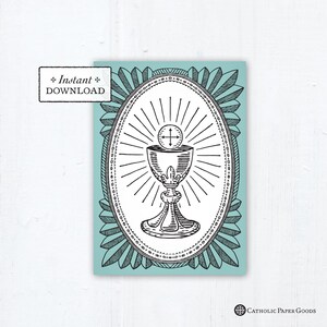 Catholic First Communion Card Ciborium Engraving Aqua - Instant Download - DIY Downloadable PDF 5"x7"