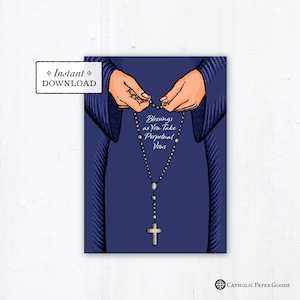 Nun Perpetual Vows Card Praying Rosary Blue Habit, Instant Download, DIY Downloadable PDF 5"x7" Catholic Sister Printable Card Final Vows