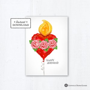 Immaculate Heart of Mary Balloon Catholic Birthday Card, Instant Download, Downloadable PDF 5"x7"  Printable Birthday Card Catholic Birthday