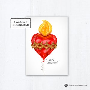 Sacred Heart of Jesus Balloon Catholic Birthday Card - Instant Download - Downloadable PDF 5"x7" - Printable Birthday Card Catholic Birthday