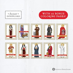 Catholic Saint Trading Cards October Set #1 - Printable - PLUS Bonus Coloring Pages! DIY Downloadable PDF - 8.5x11 - 10 Total Saint Cards