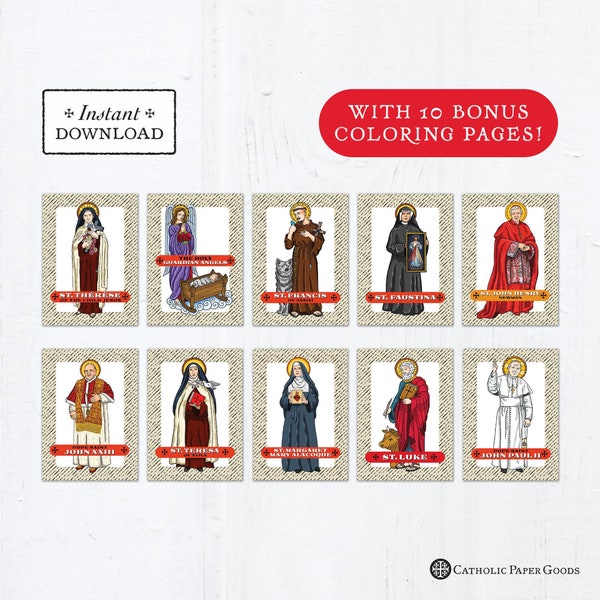 Catholic Saint Trading Cards October Set #1 - Printable - PLUS Bonus Coloring Pages! DIY Downloadable PDF - 8.5x11 - 10 Total Saint Cards