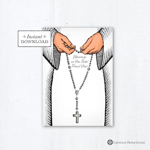 Nun Final Vows Card Praying Rosary White Habit - Instant Download - DIY Downloadable PDF 5"x7" Catholic Sister Printable Card Final Vows