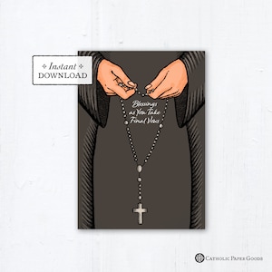 Nun Final Vows Card Praying Rosary Black Habit - Instant Download - DIY Downloadable PDF 5"x7" Catholic Sister Printable Card Final Vows