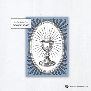 Catholic First Communion Card Ciborium Engraving Blue - Instant Download - DIY Downloadable PDF 5"x7"