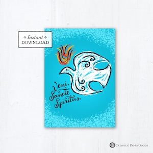 Catholic Confirmation Greeting Card Blue Dove Veni Sancte Spiritus Printable Card Downloadable PDF 5x7 Come Holy Spirit, Pentecost
