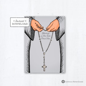 Nun Final Vows Card Praying Rosary Gray Habit - Instant Download - DIY Downloadable PDF 5"x7" Catholic Sister Printable Card Final Vows