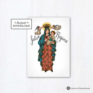 Salve Regina Queenship of Mary Card, Greeting Card or Art Print, Instant Download, DIY Downloadable PDF 5"x7"