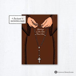 Nun Final Vows Card Praying Rosary Brown Habit - Instant Download - DIY Downloadable PDF 5"x7" Catholic Sister Printable Card Final Vows