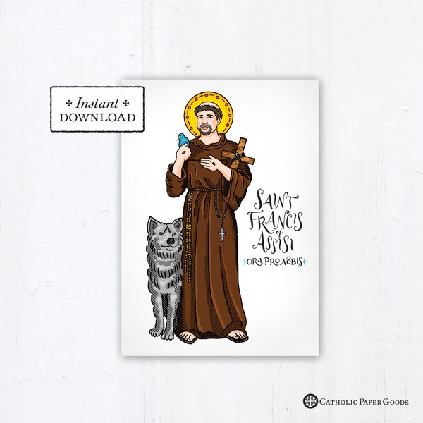 Saint Francis of Assisi Card - Art Print - Instant Download - DIY Downloadable PDF 5"x7" Catholic Printable St. Francis Prayer Card