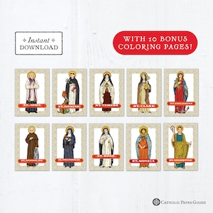 Catholic Saint Trading Cards August Set #1 - Printable - PLUS Bonus Coloring Pages! DIY Downloadable PDF - 8.5x11 - 10 Total Saint Cards