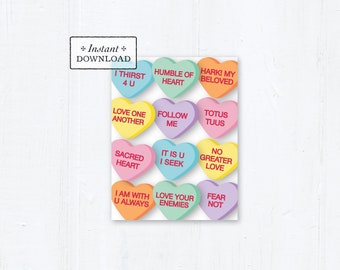 Catholic Valentine Greeting Card Conversation Hearts Valentine Card, Printable Downloadable A2 4.25x5.5