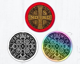 St. Benedict Medal 3" Circle Color OR Black OR Holographic Cut Vinyl Sticker Peel & Stick Weatherproof Dishwasher Safe