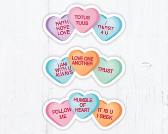 Catholic Conversation Hearts Valentine Vinyl Stickers Group of 3 - 3 Inch Peel & Stick - Valentine Stickers - Water Resistant Decals