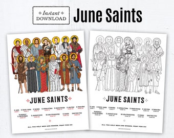 June Saints Color Printable Guide and Coloring Page  2 Printable Pages, Digital, PDF, Catholic Printable, Catholic School Activity